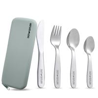 Eazy Kids Set Of 4 Cutlery Spoon Fork Knife & Tea Spoon With Silicon Pouch - Grey