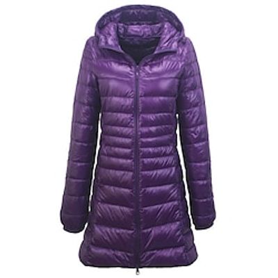 Women's Parka Long Puffer Jacket Quilted Coat Thermal Warm Windproof Winter Coat Zipper Lightweight Hooded Heated Jacket with Pocket Modern Casual Outerwear Long Sleeve Fall Navy Champagne Yellow S Lightinthebox