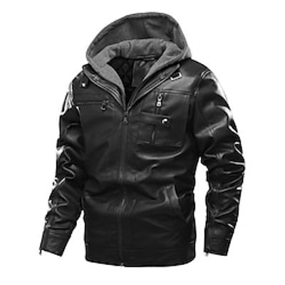 Men's Faux Leather Jacket Biker Jacket Hoodie Jacket Outdoor Daily Wear Warm Pocket Fall Winter Plain Fashion Streetwear Hooded Regular Black Coffee Gray Jacket Lightinthebox
