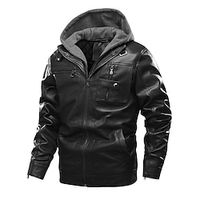 Men's Faux Leather Jacket Biker Jacket Hoodie Jacket Outdoor Daily Wear Warm Pocket Fall Winter Plain Fashion Streetwear Hooded Regular Black Coffee Gray Jacket Lightinthebox - thumbnail