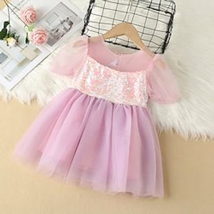 Kids Girls' Dress Sequin Summer Dress Knee-length Dress Party Mesh Crew Neck Short Sleeve Cute Dress 7-13 Years Summer Purple Lightinthebox