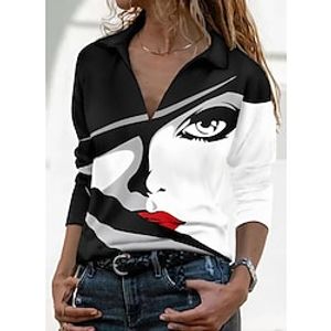 Women's T shirt Tee White Black Portrait Print Long Sleeve Daily Weekend Basic Shirt Collar Regular Portrait Painting S Lightinthebox