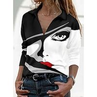 Women's T shirt Tee White Black Portrait Print Long Sleeve Daily Weekend Basic Shirt Collar Regular Portrait Painting S Lightinthebox - thumbnail