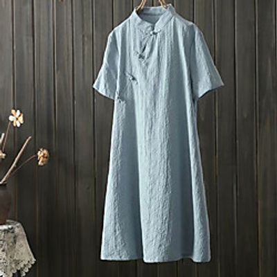 Women's A Line Dress Knee Length Dress White Pink Yellow Light Blue Short Sleeve Solid Color Jacquard Summer Mandarin Collar Basic Elegant Traditional 2021 One-Size Lightinthebox