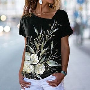 Women's T shirt Tee Black Floral Print Short Sleeve Holiday Weekend Basic V Neck Regular Floral Painting S miniinthebox