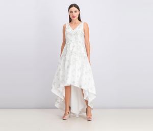 Womens Metallic-Embroidered High-Low Gown  White/Silver