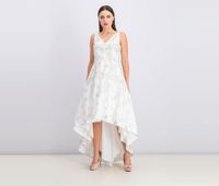 Womens Metallic-Embroidered High-Low Gown  White/Silver - thumbnail