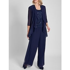 Jumpsuits Mother of the Bride Dress Wedding Guest Elegant Scoop Neck Ankle Length Chiffon 34 Length Sleeve with Lace Ruching Solid Color 2023 Lightinthebox