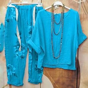 Women's Plus Size Tops Set Plain Half Sleeve Crewneck Streetwear Daily Going out Polyester Fall Spring Blue Pink Lightinthebox