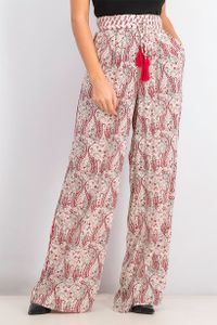 Womens Tassel Detail Drawstring Print Pants  Red Combo