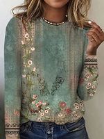 Casual Vintage Floral Print Round Neck Long Sleeve T-Shirt