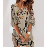 Women's Shift Dress Casual Dress Knee Length Dress Light Brown Long Sleeve Abstract Zipper Print Fall Winter Crew Neck Casual 2022 S M L XL 2XL 3XL 4XL 5XL 6XL / 3D Print miniinthebox - thumbnail