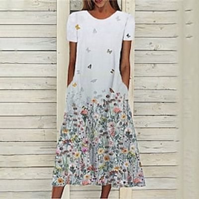 Women's A Line Dress Midi Dress Gray Short Sleeve Floral Pocket Print Spring Summer Round Neck Stylish Casual Modern 2022 S M L XL XXL 3XL miniinthebox