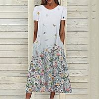 Women's A Line Dress Midi Dress Gray Short Sleeve Floral Pocket Print Spring Summer Round Neck Stylish Casual Modern 2022 S M L XL XXL 3XL miniinthebox - thumbnail