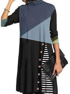 Casual Color Block Shirt High Neckline Shift Dress