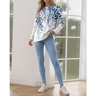 Women's T shirt Tee Pants Sets Graphic Floral Striped Black White Dark Navy Print Long Sleeve Casual Festival Christmas Round Neck Regular Fit Spring   Fall Lightinthebox