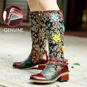 Women's Boots Cowboy Boots Handmade Shoes Daily Floral Knee High Boots Winter Zipper Flower Chunky Heel Round Toe Vintage Casual Bohemia Leather Polyester Zipper Dark Brown miniinthebox