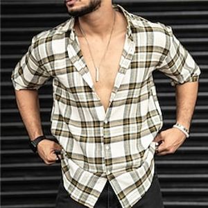 Men's Shirt Plaid Turndown Khaki 3D Print Outdoor Street Short Sleeves Button-Down Print Clothing Apparel Fashion Designer Casual Breathable / Summer miniinthebox