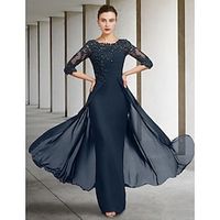 Sheath  Column Mother of the Bride Dress Wedding Guest Elegant Jewel Neck Floor Length Chiffon Lace Half Sleeve with Sequin Ruching Solid Color 2023 Lightinthebox - thumbnail