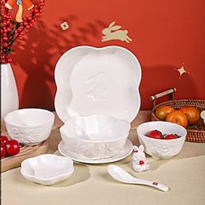 Ceramic Dinnerware, Rabbit Plates and Bowls Sets, Chip and Scratch Resistant Dishes, Dishwasher  Microwave Safe, Reactive Glaze-White Lightinthebox