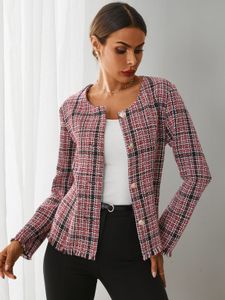 YOINS Red Plaid Tassel Details Button Design Long Sleeves Jacket