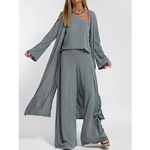 Women's Sets 4 Pcs Cotton and Spandex One Shoulder Shirt Long Vest Cardigan and Wide Leg Pants Pure Color Comfort Soft Home Daily Jersey Summer Spring Black Gray miniinthebox