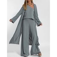 Women's Sets 4 Pcs Cotton and Spandex One Shoulder Shirt Long Vest Cardigan and Wide Leg Pants Pure Color Comfort Soft Home Daily Jersey Summer Spring Black Gray miniinthebox - thumbnail