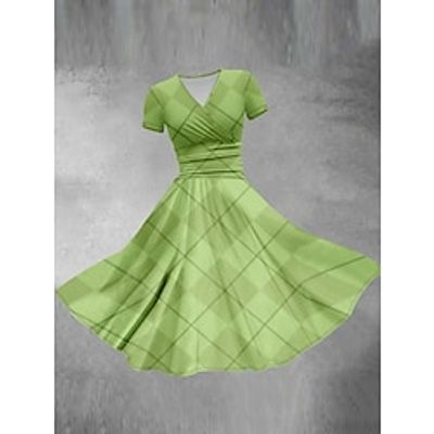 Women's Casual Dress Swing Dress Geometric Shamrock Print V Neck Midi Dress Streetwear A Line St.Patrick's Day Street Short Sleeve Loose Fit Olive Green White Yellow Summer S M L XL 2XL Lightinthebox