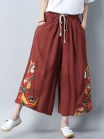 Folk Style Women Embroidery Elastic Waist Drawstring Wide Leg Pants