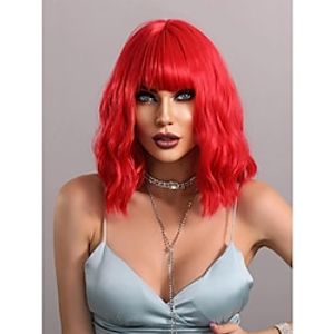 Red Wig Short Curly Wavy Bob Wig for Women Burgundy Wig with Bangs Shoulder Length Synthetic Colored Halloween Cosplay Party 14 Inch Christmas Party Wigs Lightinthebox