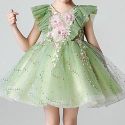 Kids Girls' Party Dress Sequin Flower Sleeveless Wedding Special Occasion Ruched Mesh Zipper Adorable Sweet Cotton Polyester Knee-length Party Dress Summer Spring Fall 3-12 Years Green Lightinthebox
