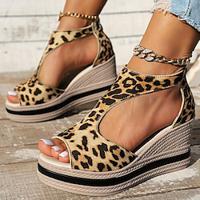 Women's Sandals Wedge Sandals Daily Zipper Wedge Peep Toe Casual Cloth Zipper Leopard Black Brown Lightinthebox