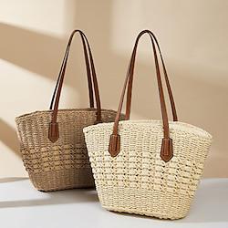 Women's Tote Beach Bag Straw Bag Straw Outdoor Holiday Beach Zipper Large Capacity Solid Color off white khaki Lightinthebox