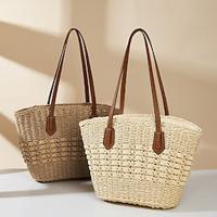 Women's Tote Beach Bag Straw Bag Straw Outdoor Holiday Beach Zipper Large Capacity Solid Color off white khaki Lightinthebox - thumbnail