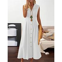 Women's Linen Dress Shirt Dress White Cotton Dress Maxi Dress Button Daily Shirt Collar Sleeveless Summer Spring Black White Plain Lightinthebox - thumbnail