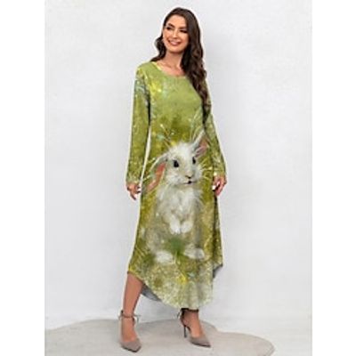 Women's Casual Dress Winter Dress Animal Print Pocket Crew Neck Long Dress Maxi Dress Fashion Streetwear Outdoor Daily Long Sleeve Regular Fit Green Fall Winter S M L XL XXL Lightinthebox