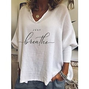 Women's T shirt Tee White Text Print Long Sleeve Casual Weekend Basic V Neck Regular Loose Fit Painting S Lightinthebox