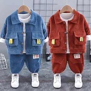 3 Pieces Toddler Boys Shirt  Pants Outfit Solid Color Graphic Long Sleeve Button Set Outdoor Adorable Daily Spring Fall 3-7 Years Bear head 3 piece set navy blue MOMO1988 green Blue button bear 3 Lightinthebox
