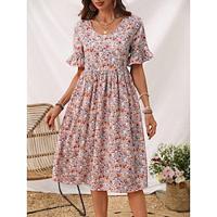 Women's Chiffon Dress Elegant Dress Boho Chic Dresses Floral Ruffle Shirred Crew Neck Puff Sleeve Midi Dress Short Sleeve Summer Spring Lightinthebox