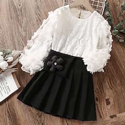 Kids Girls' Dress Suits 2 Pieces Long Sleeve White Solid Color Lace School Cute Daily Cropped Above Knee 7-13 Years Lightinthebox