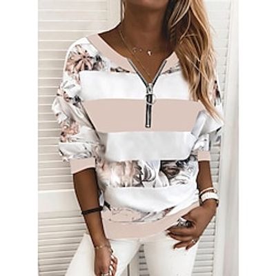 Women's Sweatshirt Pullover Quarter Zipper Hoodie Active Streetwear Quarter Zip Print Yellow Pink Blue Color Block Plants Graphic Prints Daily V Neck Long Sleeve / Winter miniinthebox