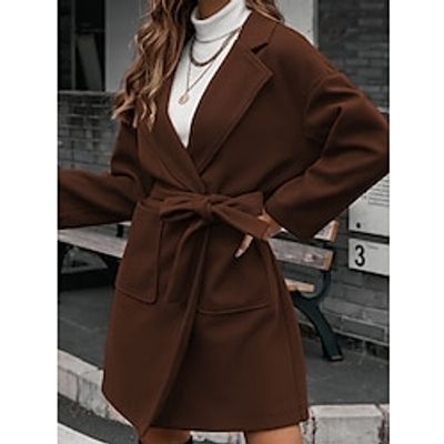 Women's Coat Trench Coat Daily Wear Winter Long Coat Regular Fit Windproof Warm Casual Daily Casual Minimalism Jacket Long Sleeve non-printing Pure Color With Belt Light Blue Black White miniinthebox