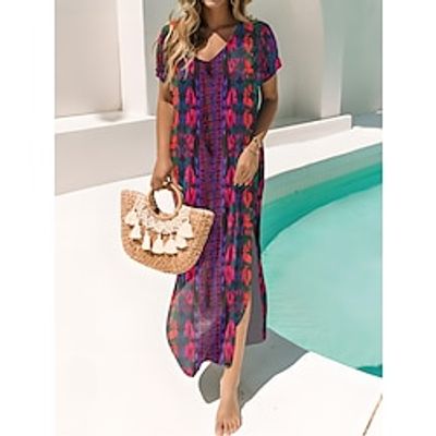 Women's Casual Dress Summer Dress Leopard Print Split V Neck Long Dress Maxi Dress Streetwear Maxi Street Holiday Short Sleeve Loose Fit Yellow Red Blue Summer Spring S M L XL 3XL Lightinthebox