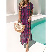 Women's Casual Dress Summer Dress Leopard Print Split V Neck Long Dress Maxi Dress Streetwear Maxi Street Holiday Short Sleeve Loose Fit Yellow Red Blue Summer Spring S M L XL 3XL Lightinthebox - thumbnail