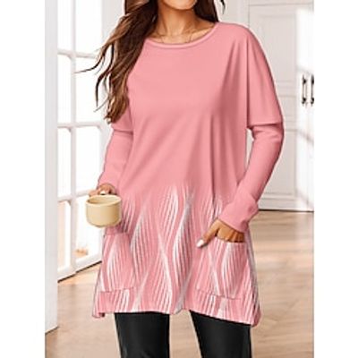 Women's T shirt Tee Geometric Black White Pink Print Pocket Long Sleeve Daily Weekend Fashion Round Neck Regular Fit Spring   Fall Lightinthebox