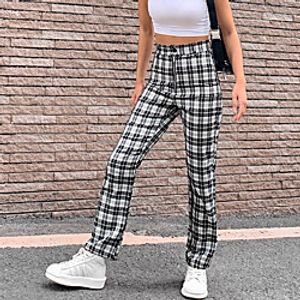 Women's Fashion Streetwear Comfort Casual Weekend Chinos Pants Plaid Checkered Full Length Print Black Lightinthebox