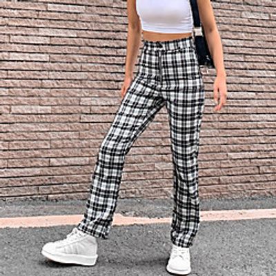Women's Fashion Streetwear Comfort Casual Weekend Chinos Pants Plaid Checkered Full Length Print Black Lightinthebox