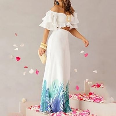 Women's Shirt Crop Top Pants Sets Pants Trousers Streetwear White Blue Casual Holiday Plant Ruffle Print Off Shoulder S M L XL miniinthebox