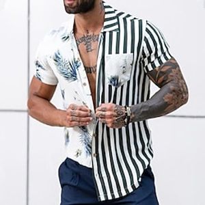 Men's Shirt 3D Print Striped Plants Graphic Patterned Turndown Street Daily 3D Button-Down Short Sleeve Tops Casual Fashion Breathable Comfortable White miniinthebox