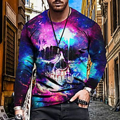 Men's Tee T shirt Shirt 3D Print Graphic Skull Plus Size Print Long Sleeve Casual Tops Basic Designer Slim Fit Big and Tall Blue Wine Black Lightinthebox